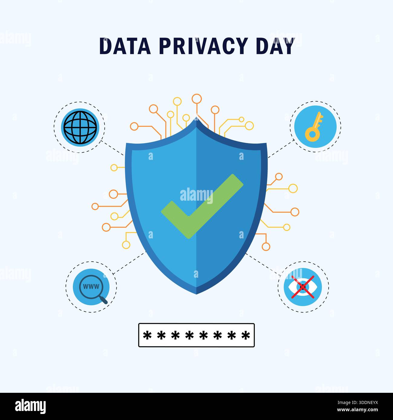 Data Privacy Day Concept with Shield and Digital Protection Stock Vector