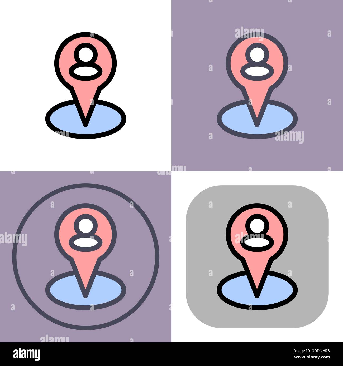 This versatile icon set depicts a person's location marker, ideal for apps or websites related to navigation, GPS, or location-based services. The mul Stock Vector