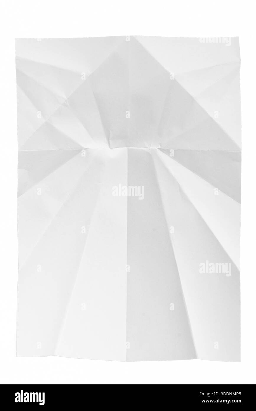 Folded white paper sheet with sharp creases isolated on white ...