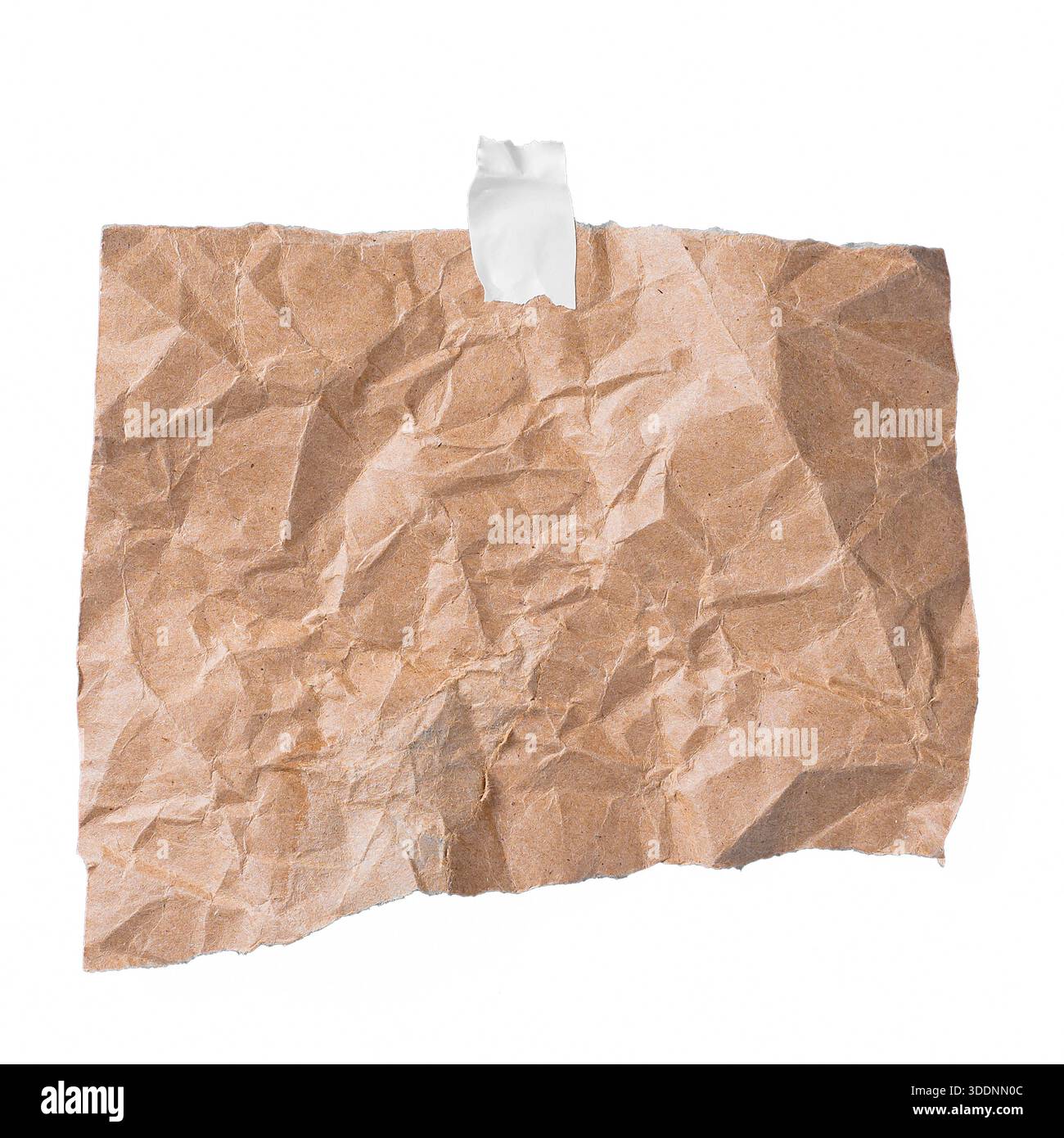 Rectangular crumpled kraft paper taped on white background, vintage note or announcement concept. Stock Photo