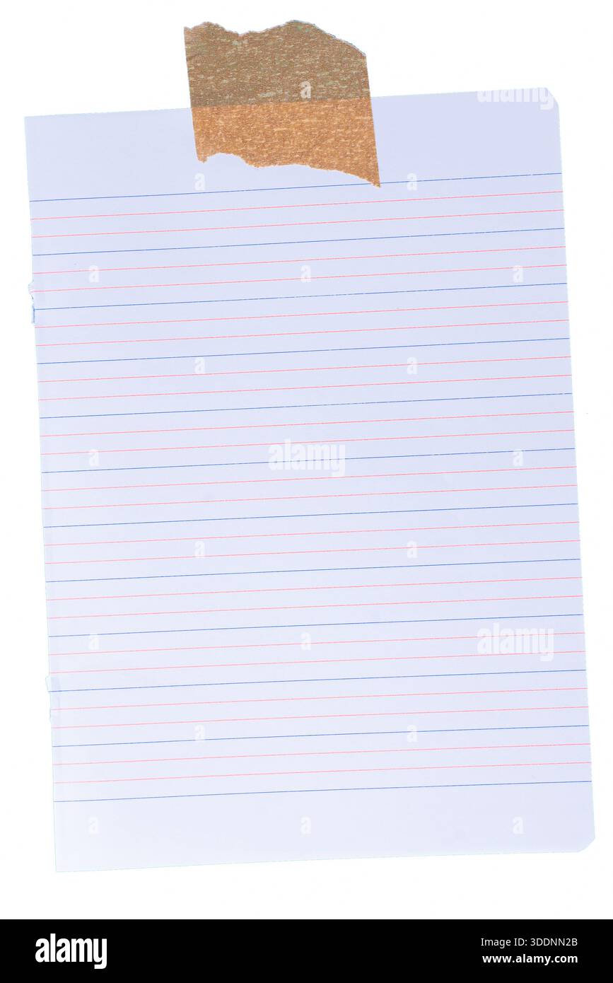 Full lined notebook paper page taped on white background, clean writing surface for notes Stock Photo