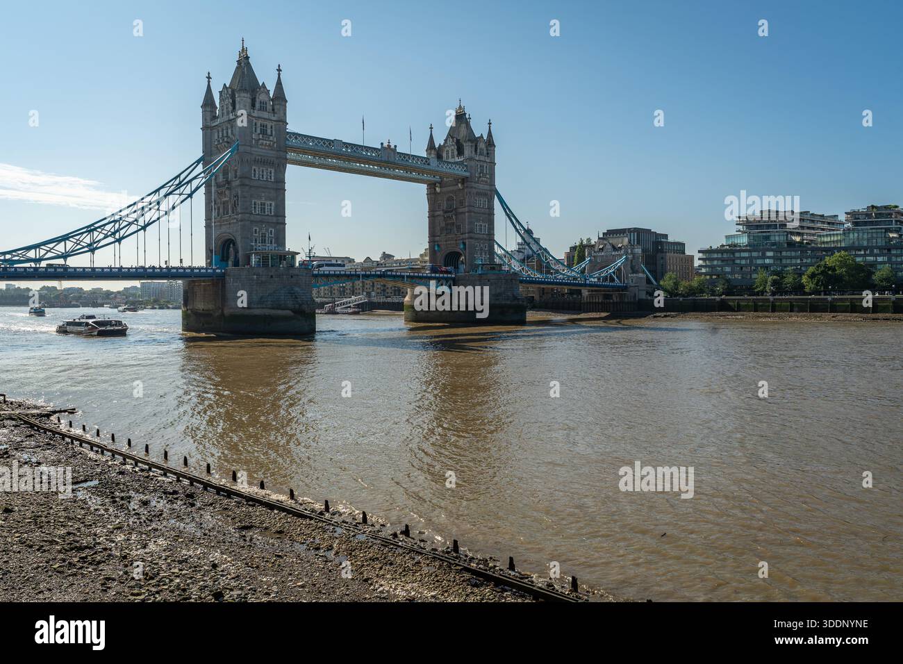 View of the Tower Bridge crossing Thames river, one of the most famous landmarks of London Stock Photo