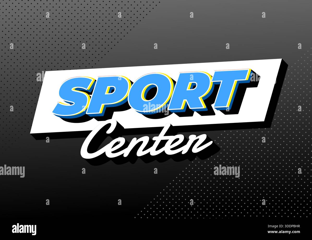 Retro style sports center logo with bold blue and yellow text on a black and white background. - Stock Image