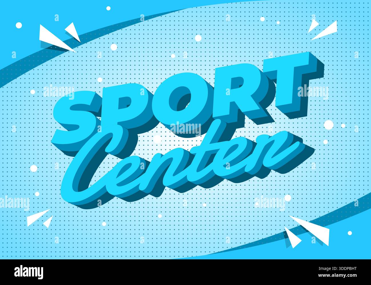 Retro style graphic with the text Sport Center in bold blue letters on a dotted background. - Stock Image