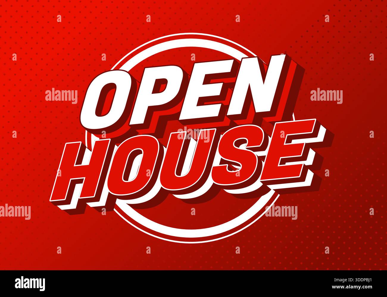 Bold red and white Open House text on a dynamic background. - Stock Image