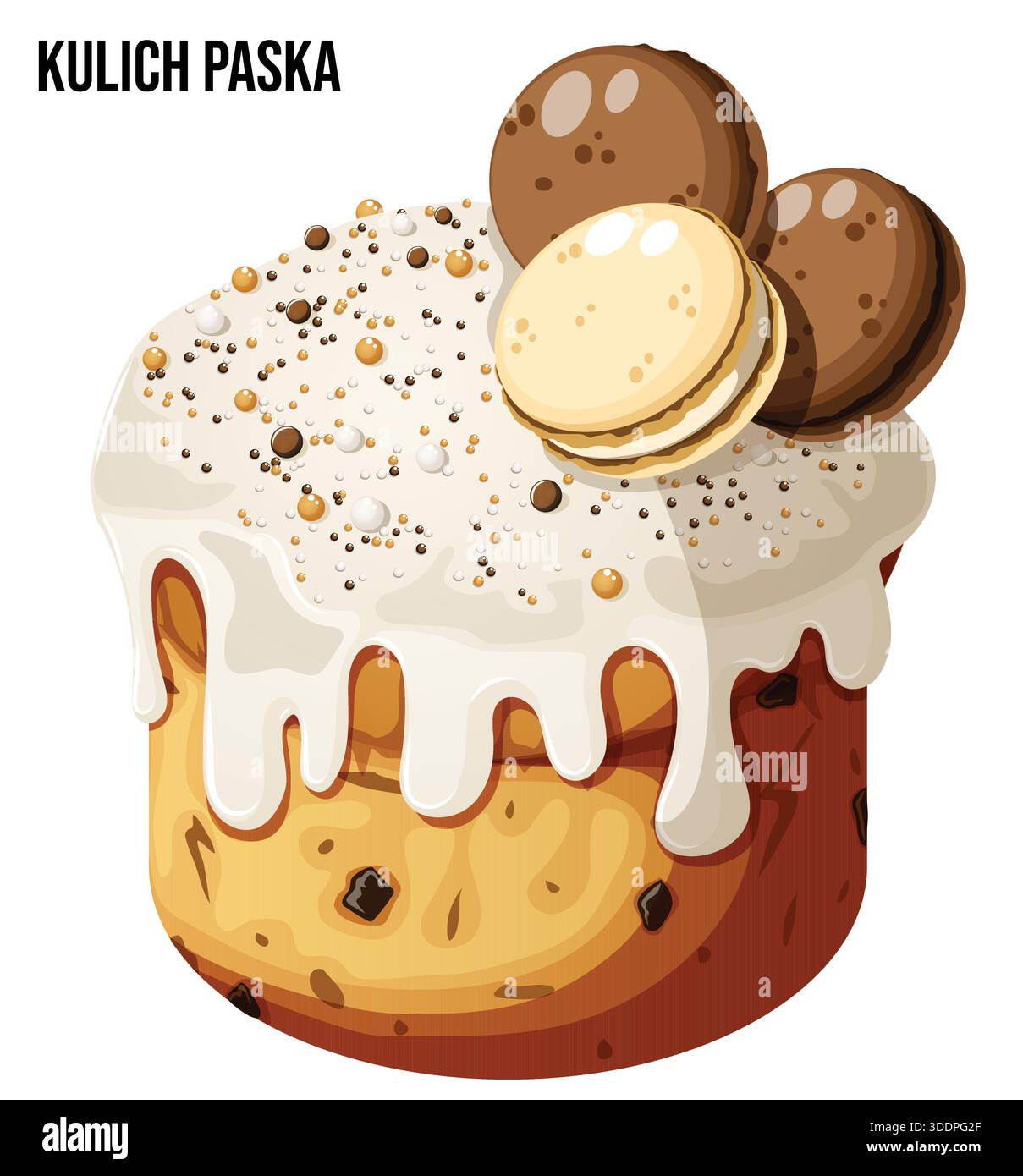 Traditional Russian Orthodox Easter Kulich Bread with white icing and macaroon toppings, isolated. Vector Illustration for spring religious festivals. Stock Vector