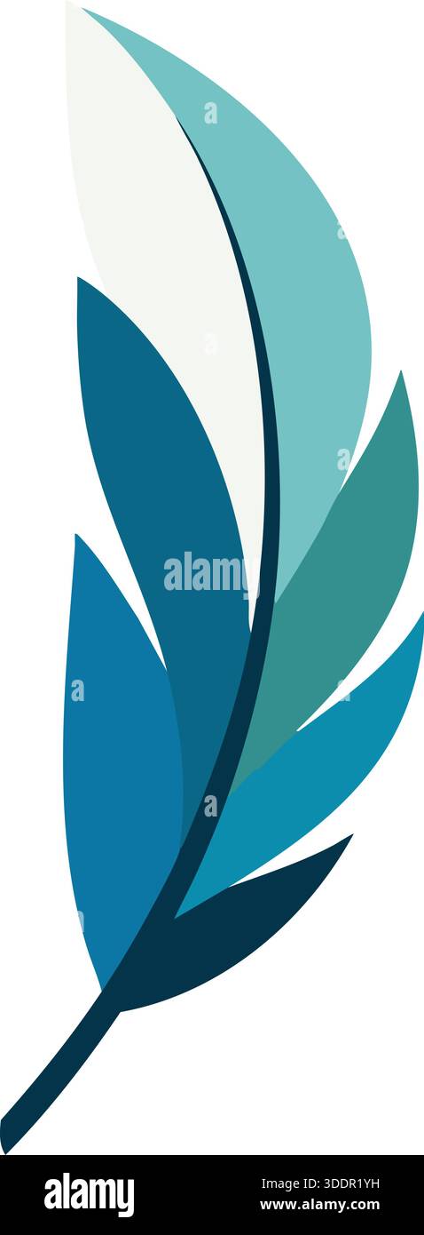 A stylized blue feather with layered shapes and soft gradients pointing upward on a white background. Stock Vector