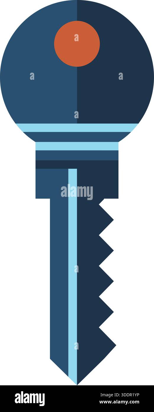 A blue metal key with circular head and zigzag teeth presented in a clean flat style. Stock Vector