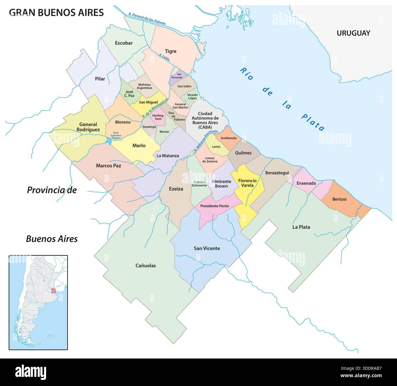 Administrative map of the Buenos Aires Metropolitan Area, AMBA, Argentina Stock Photo