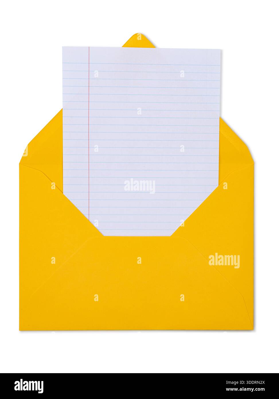Yellow open envelope displaying blank lined paper. Top view, isolated on a white background. Stock Photo