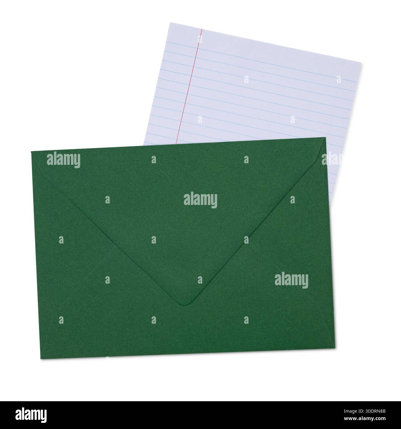 Green envelope with lined paper revealing a communication concept. Top view, isolated on a white background. Stock Photo
