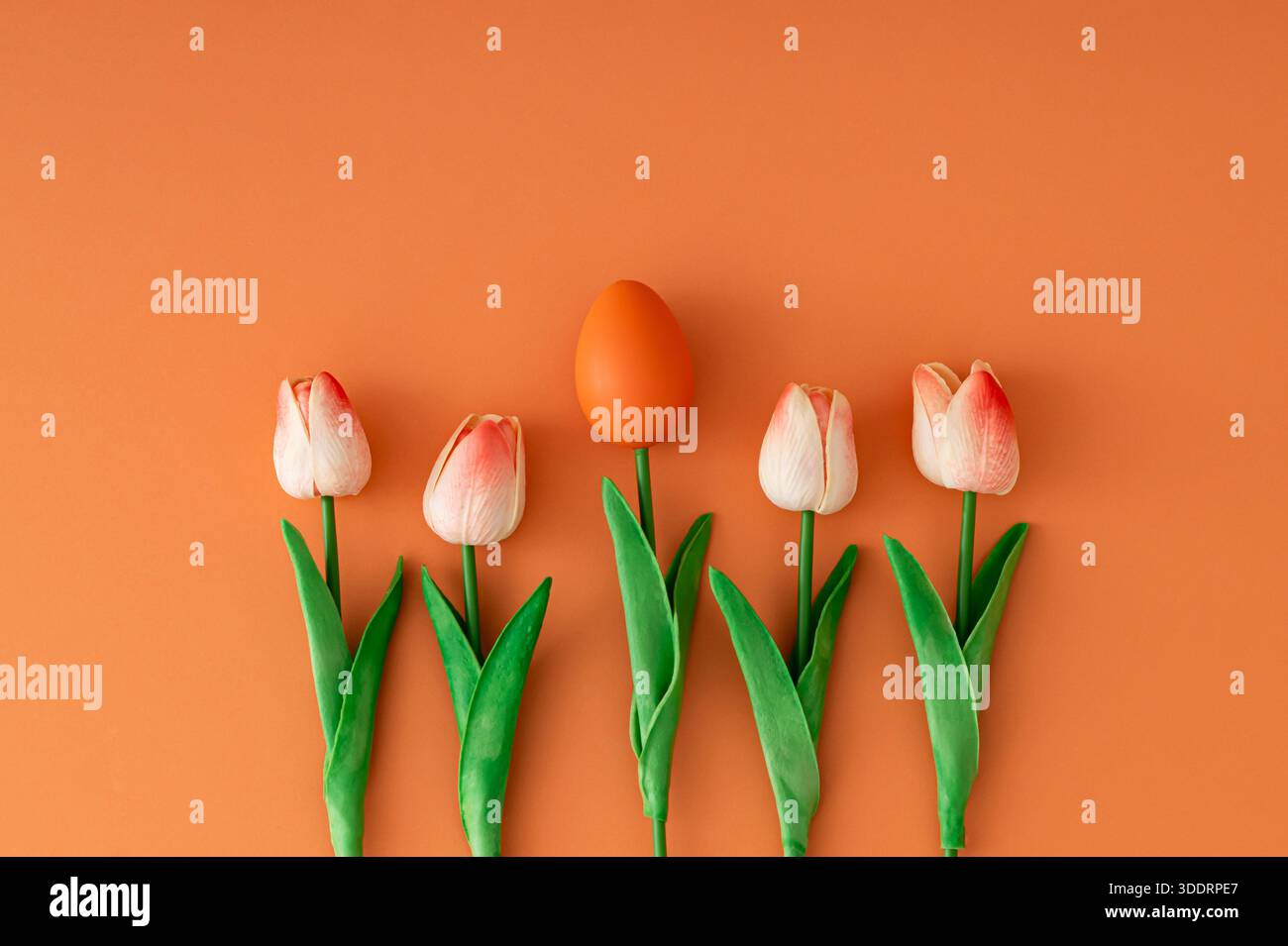 Spring surreal composition with orange Easter egg and tulips on orange background with copy space. Creative Easter concept. Stock Photo