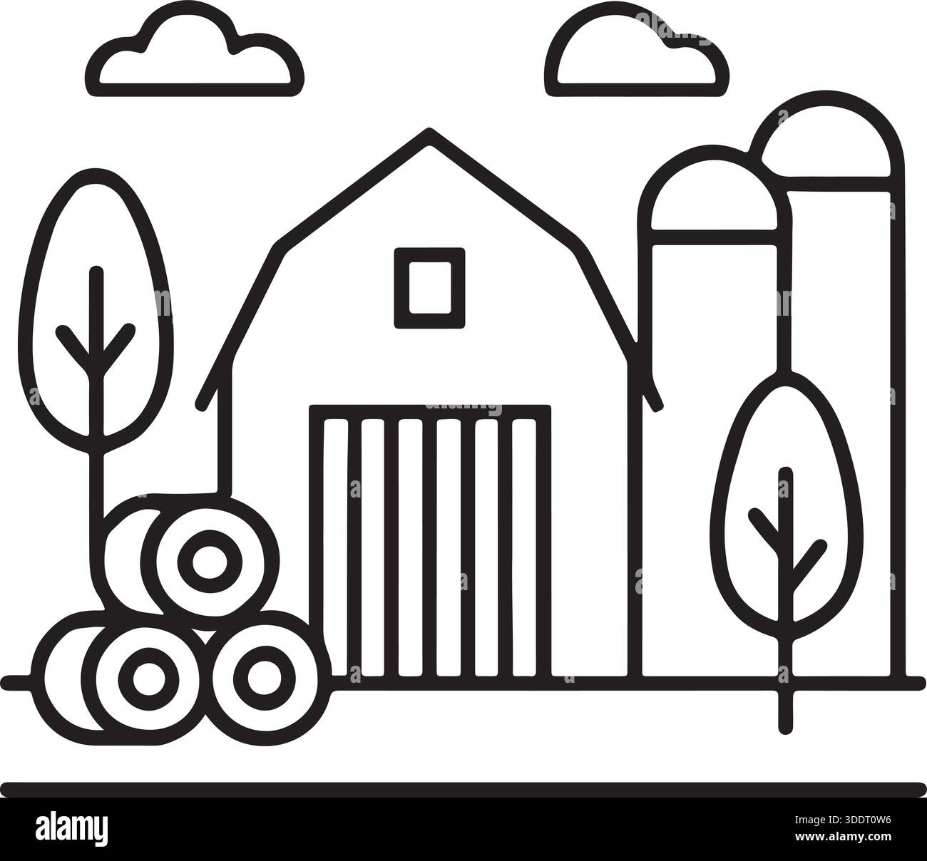Farm Line Art Illustration with Barn, Silos, Trees, and Hay Bales ...