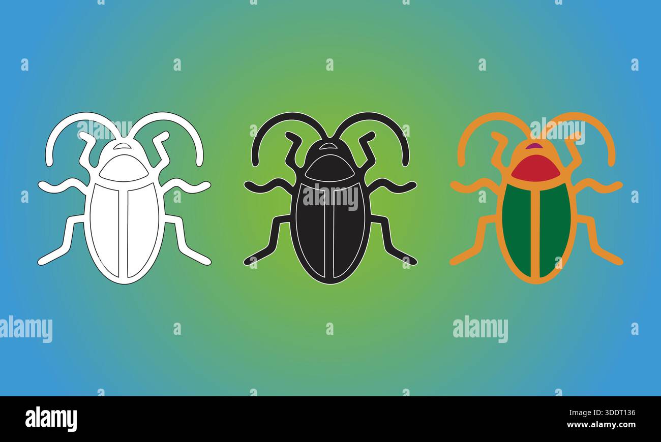 Three Variations of a Stylized Beetle Icon: White, Black, and Multi-Colored Stock Vector