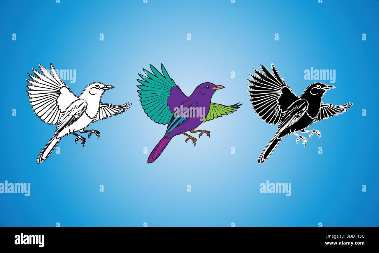 Three stylized birds in flight, showing different artistic renderings. Stock Vector