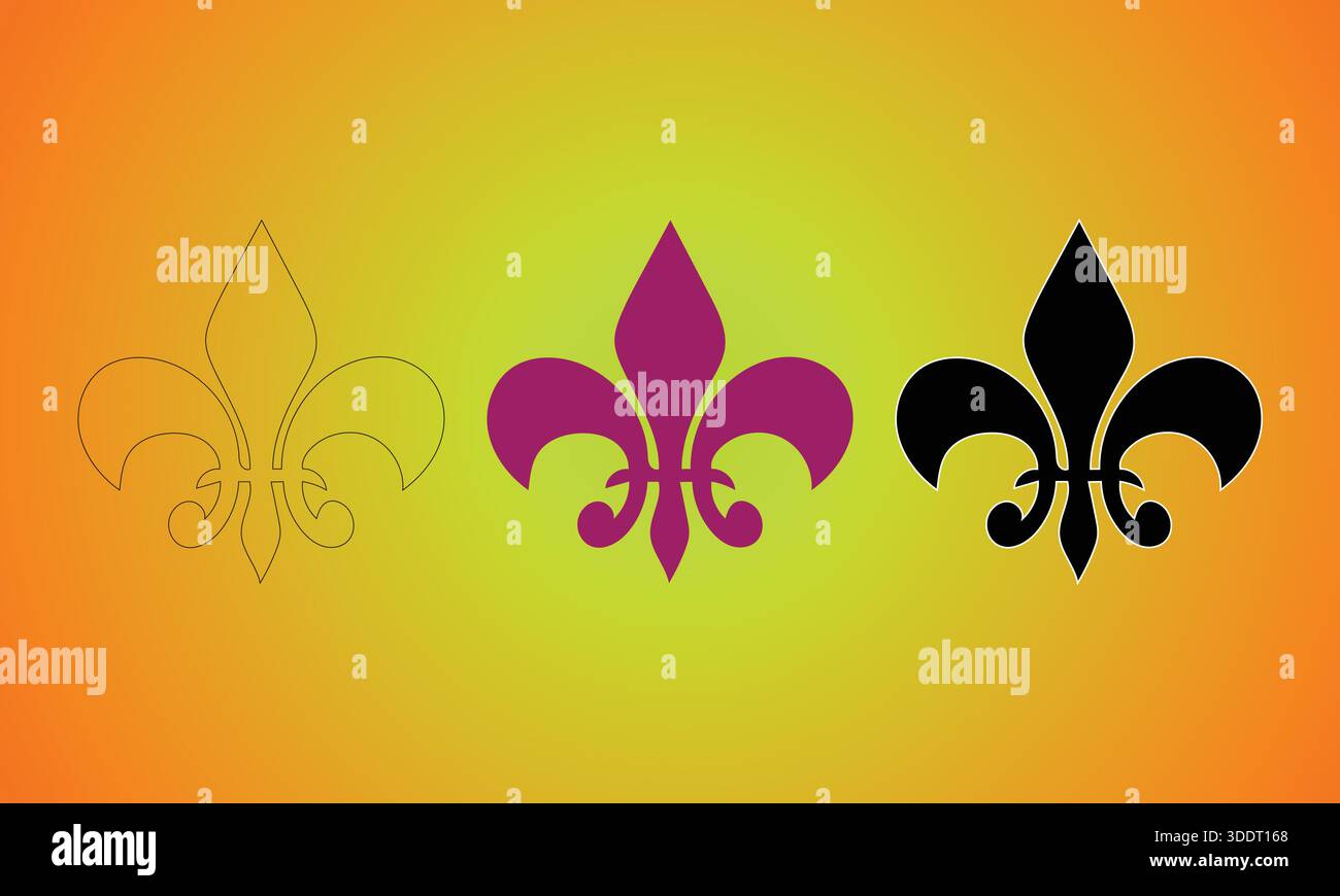 Three fleur-de-lis symbols in different styles on a gradient background. Stock Vector