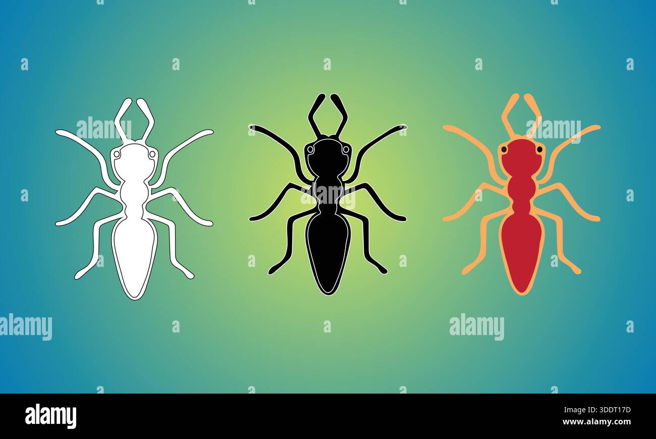 Three stylized ants in outline, silhouette, and colored versions. Stock Vector