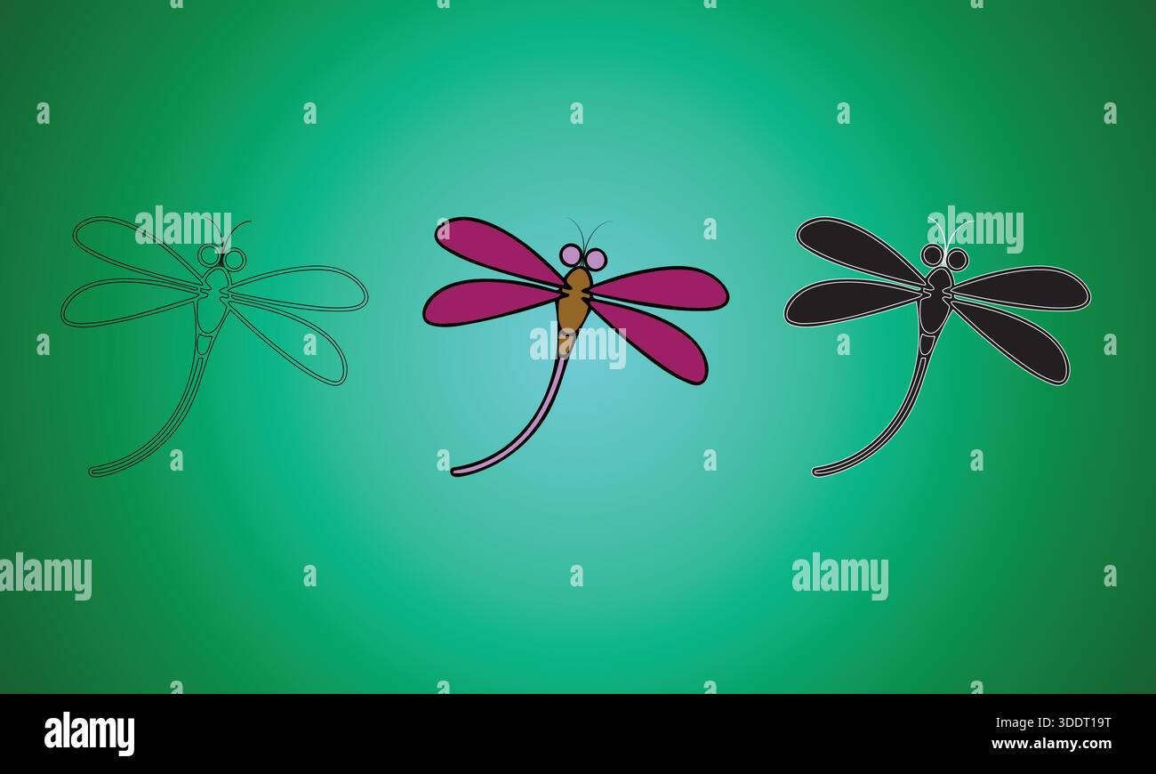 Three stylized dragonflies showing different design styles. Stock Vector