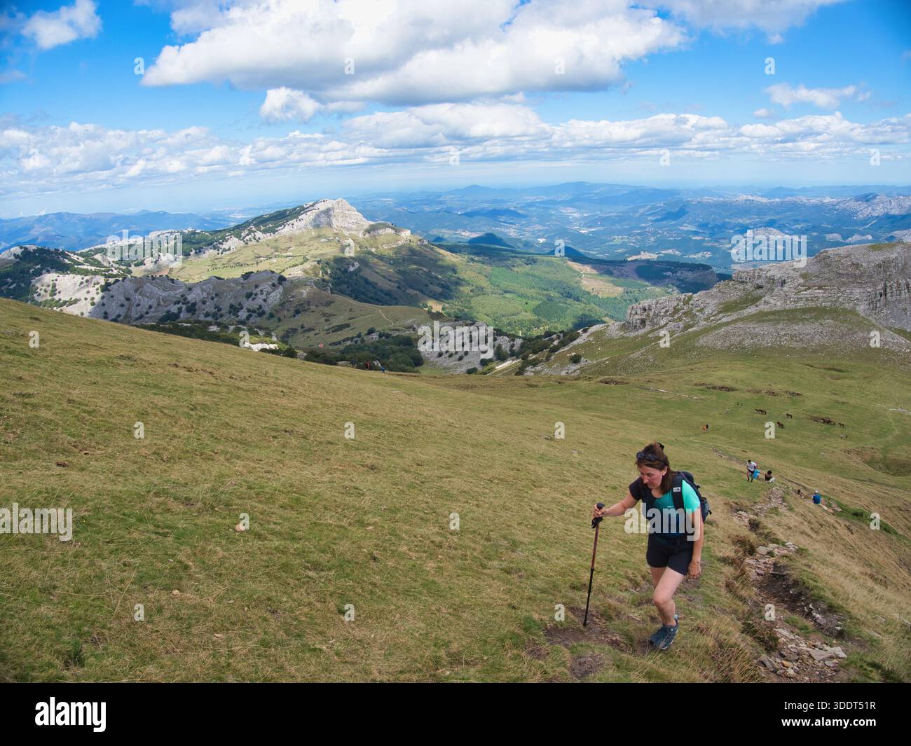 otxandio-Autonomous Community of the Basque Country-Spain-September 6, 2022,A female hiker ascends a steep, grassy slope using a trekking pole, enjoyi Stock Photo
