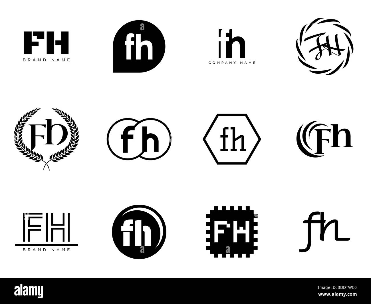 FH logo company template. Letter f and h logotype. Set different classic serif lettering and modern bold text with design elements. Initial font typog Stock Vector