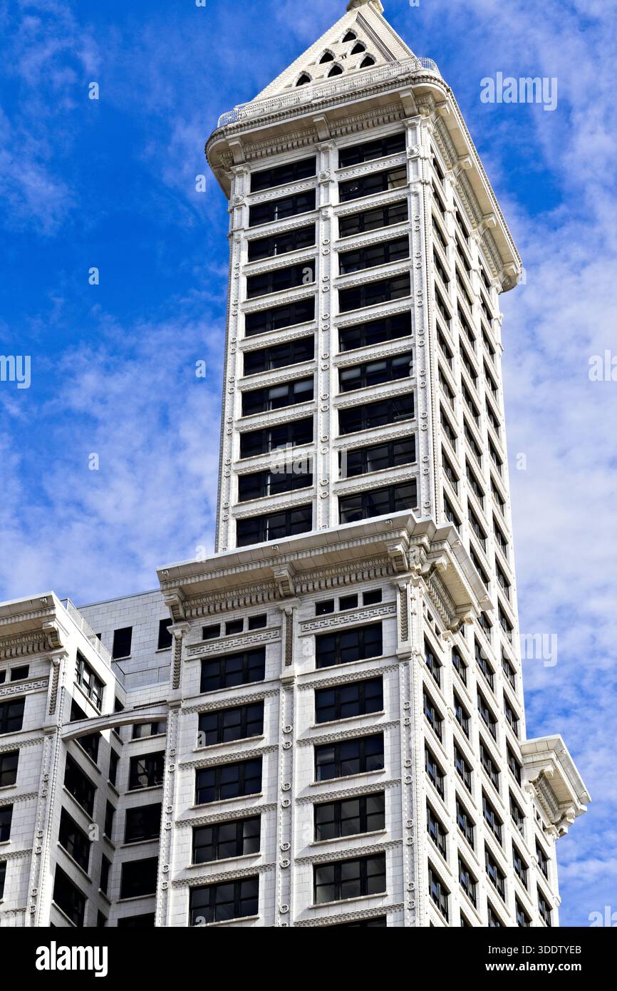Seattle Pyramid Smith Tower in Seattle, Washington, rising against a blue sky and ...