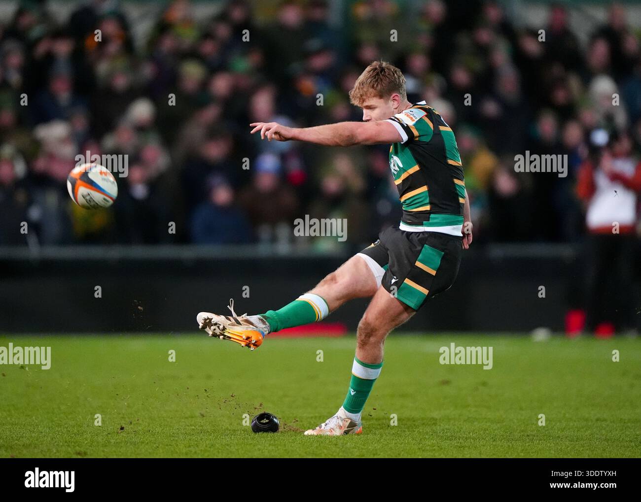 Northampton Saints' Fin Smith converts a try during the Gallagher PREM ...