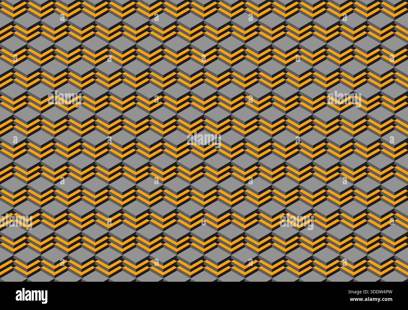 Abstract geometric pattern featuring interlocking gray and gold cubes, creating a dynamic, chevronlike effect. Stock Vector