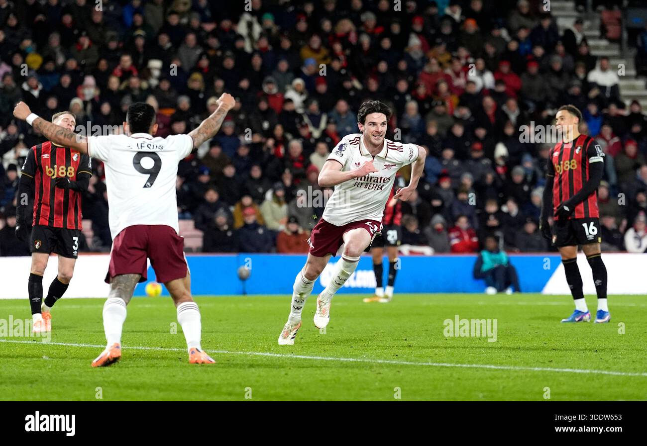 Arsenal's Declan Rice celebrates scoring their side's third goal of the ...