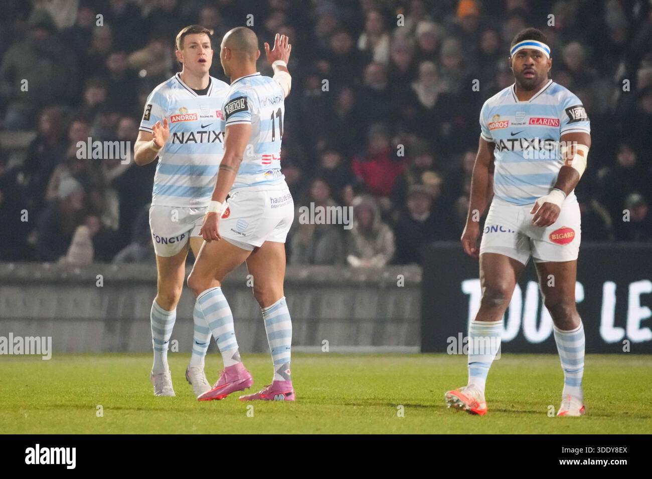 Samuel JAMES of RACING 92 celebrates his try with Gael FICKOU of RACING ...