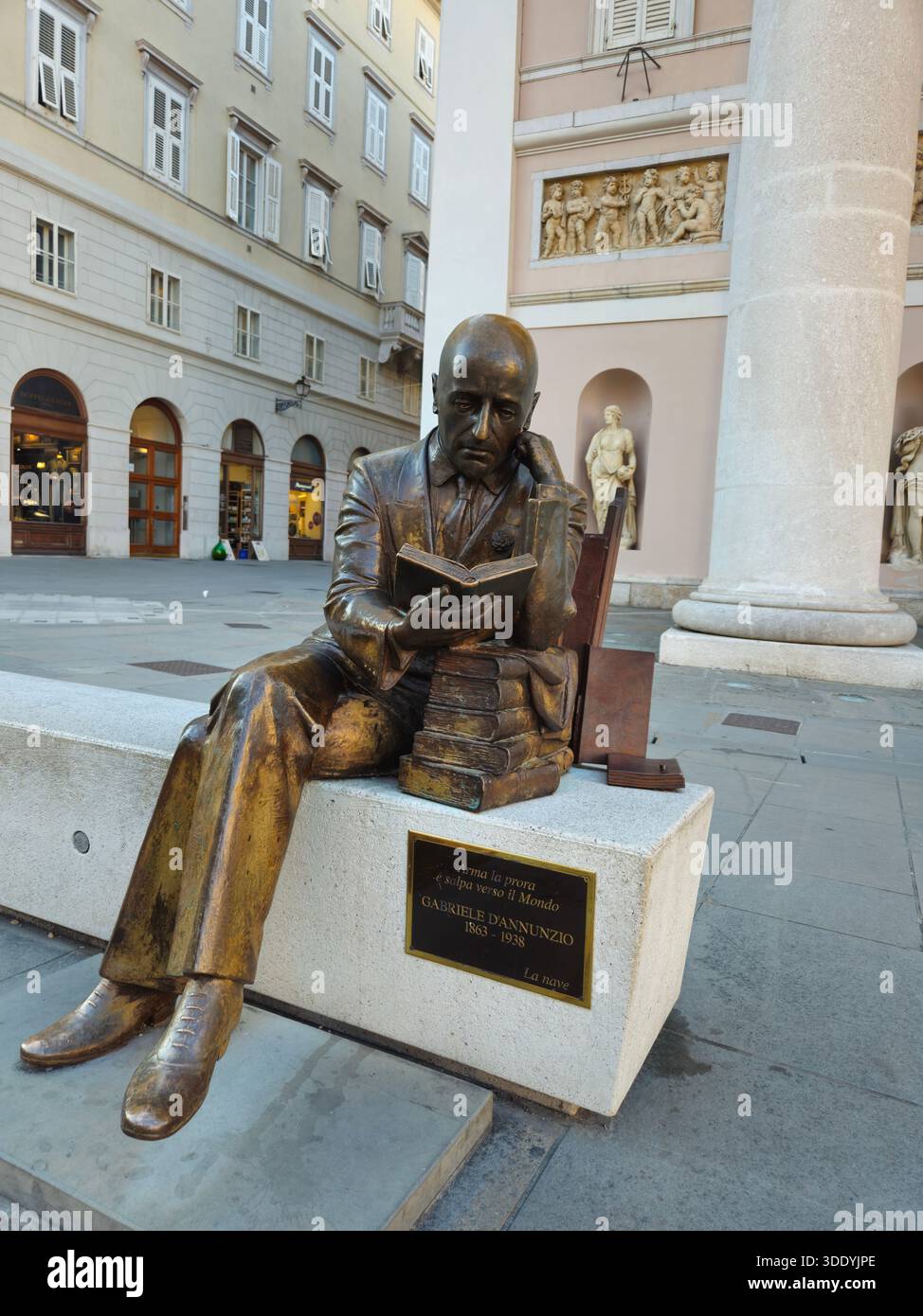 Gabriele D’Annunzio statue Trieste, Austrian honorary consulate Trieste, historical monument in Trieste, Italian cultural landmarks. Statue of Gabriel Stock Photo