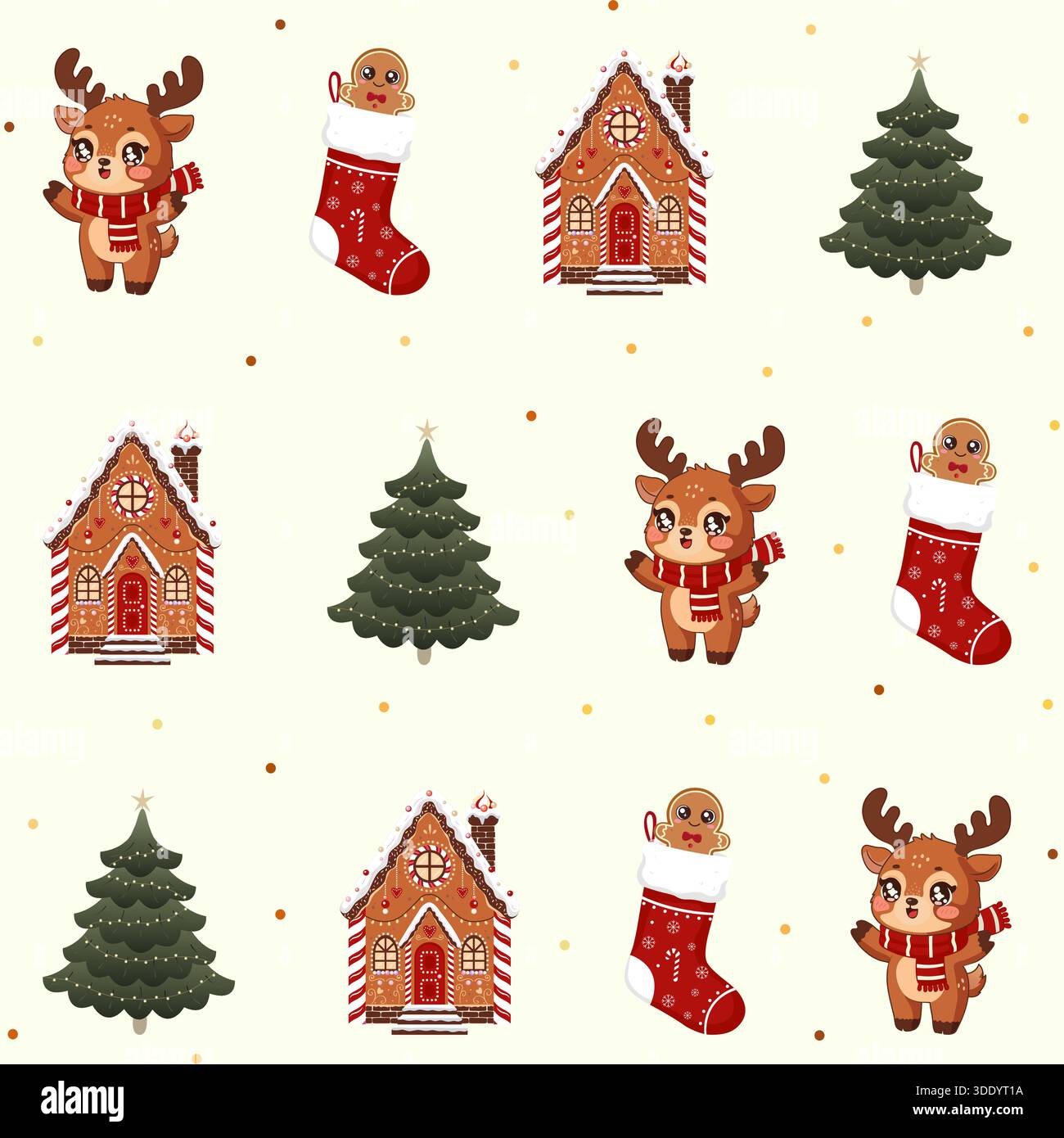 A festive seamless pattern featuring adorable Christmas elements: a kawaii reindeer with a scarf, a gingerbread house, a decorated Christmas tree, and Stock Vector