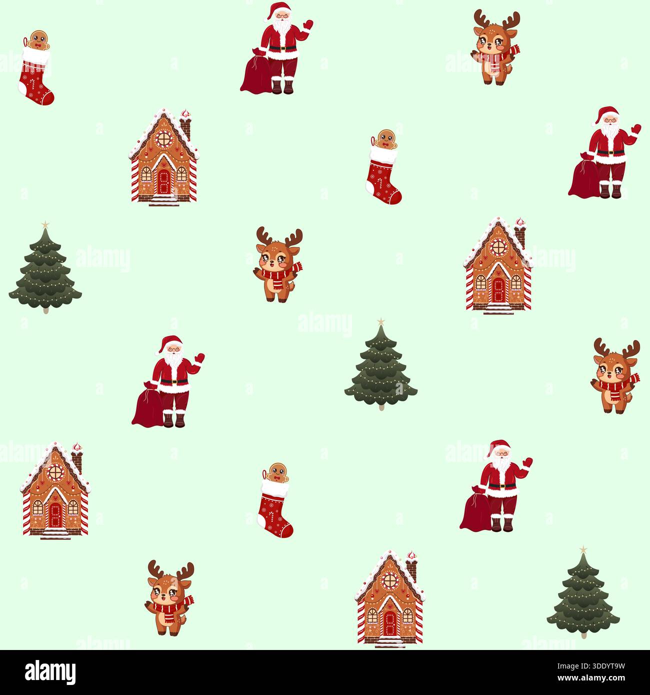 A festive and cheerful seamless pattern on a light mint green background, featuring classic Christmas icons: Santa Claus, a reindeer, a decorated stoc Stock Vector