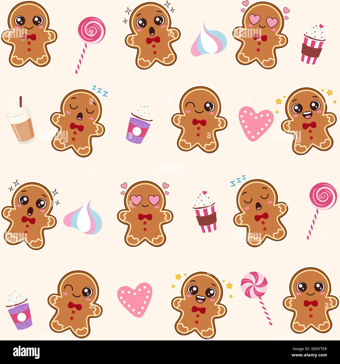 A delightful seamless pattern featuring various adorable gingerbread men expressing different emotions (happy, surprised, sleepy, in love, winking) su Stock Vector