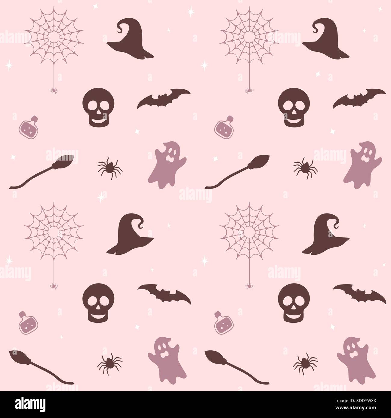 A charming vector pattern with cute, muted-tone Halloween silhouettes witch hats, ghosts, skulls, bats, spiders, potions, webs, and brooms, all on a d Stock Vector