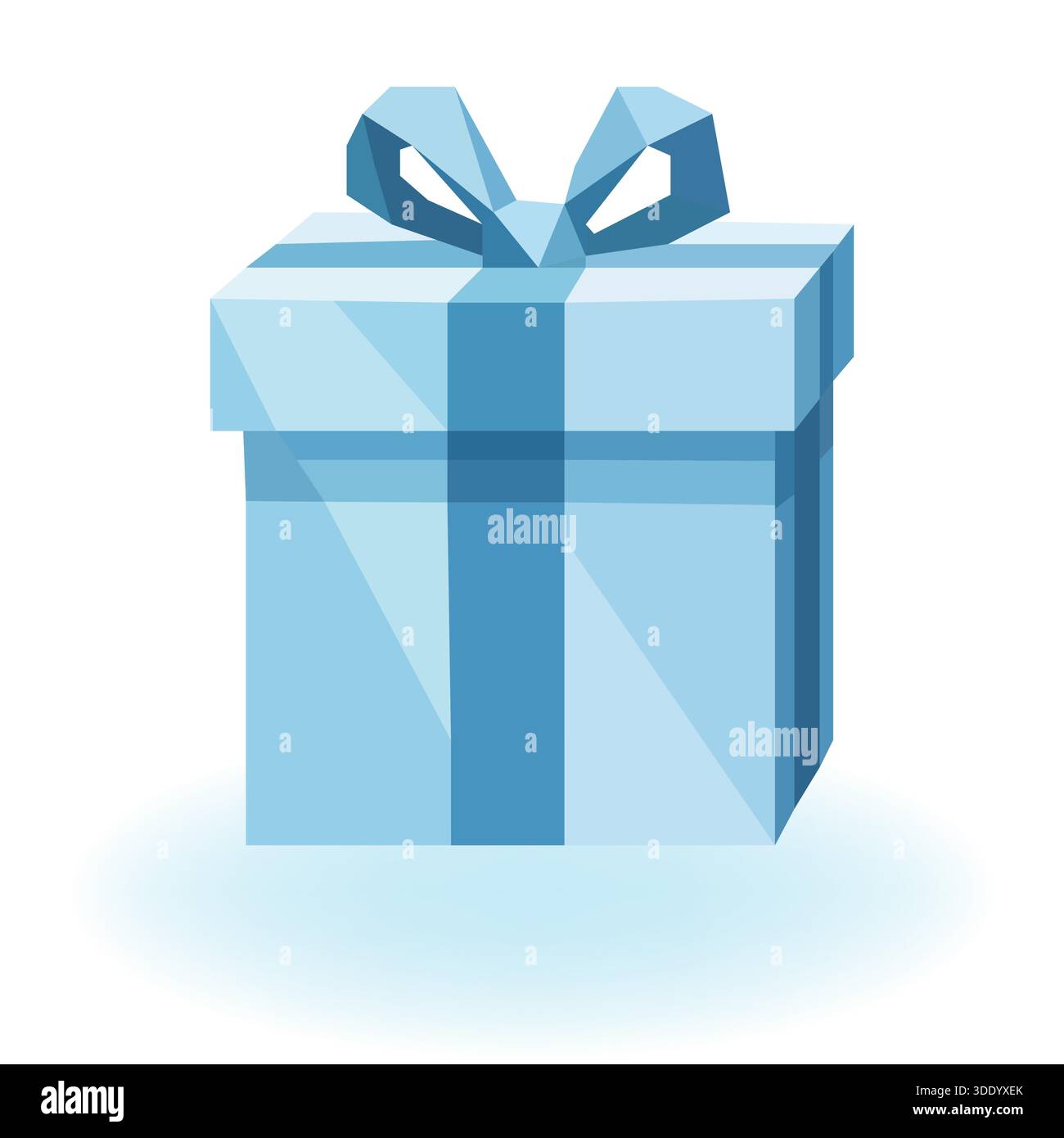 Blue low poly gift box with a geometric bow and ribbon rendered in a faceted style on a light blue glowing base Stock Vector