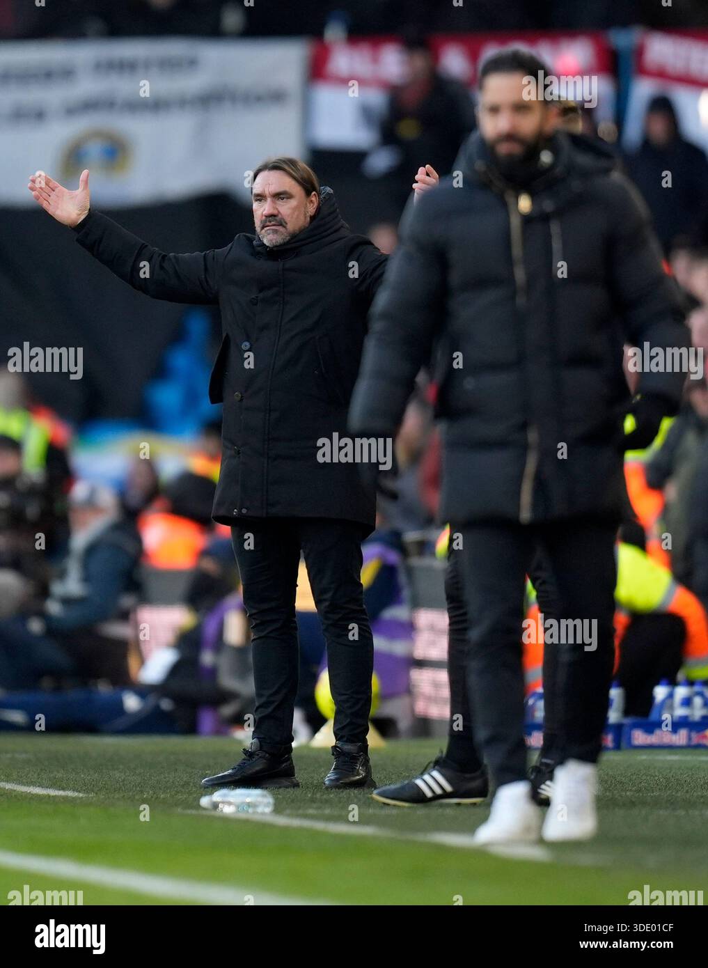 Leeds United manager Daniel Farke (left) during the Premier League ...