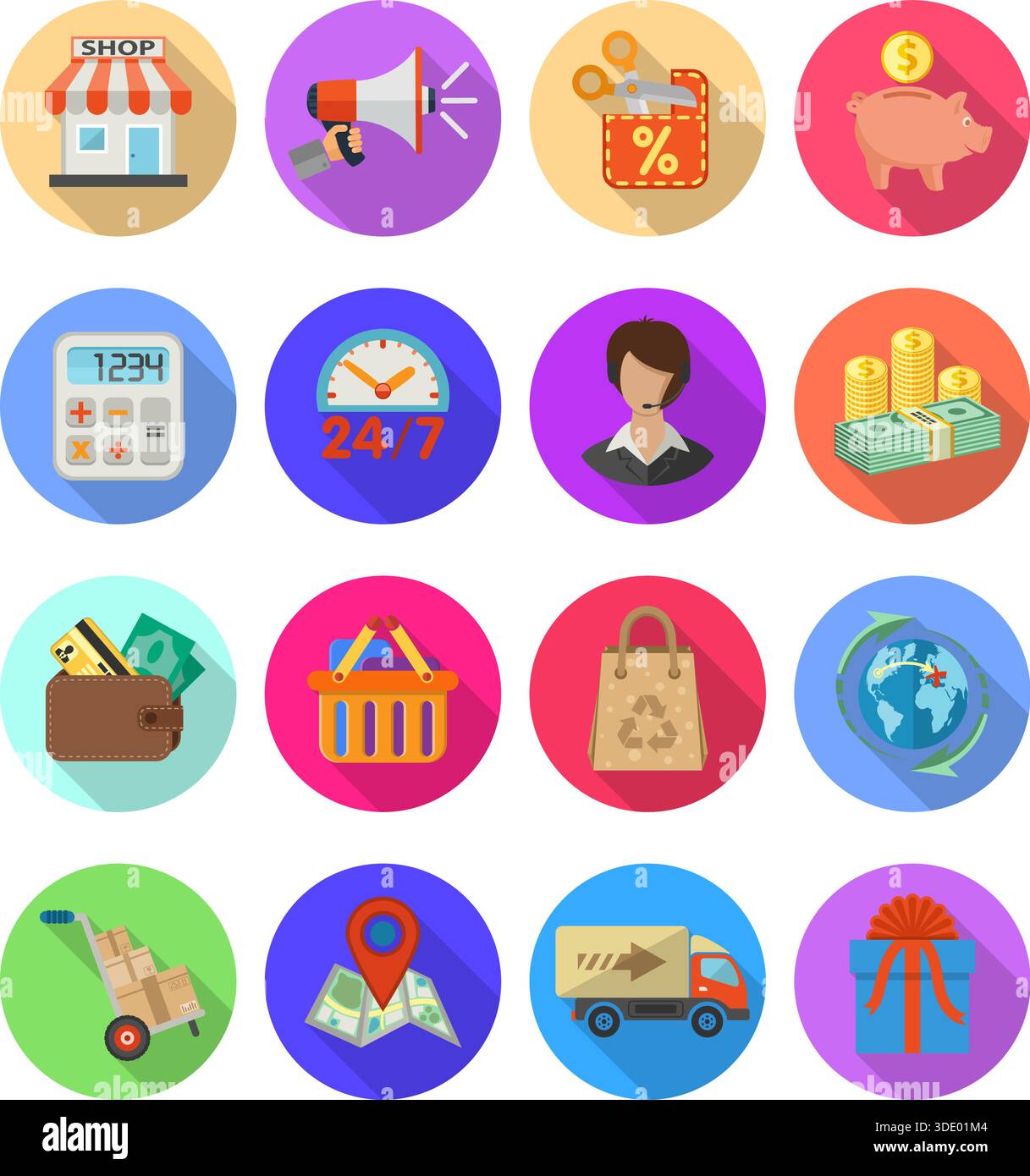 Internet Shopping, Delivery and Cargo Detailed Flat Icon Set for e-commerce with money, truck, gift symbols on colored circles with Long Shadows. Vect Stock Vector