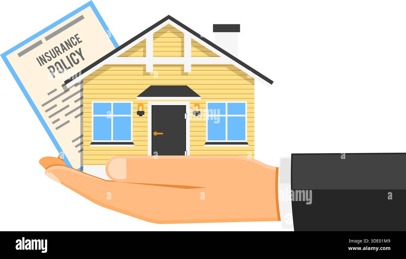 property Insurance concept with Flat Icons House, hands and Policy ...