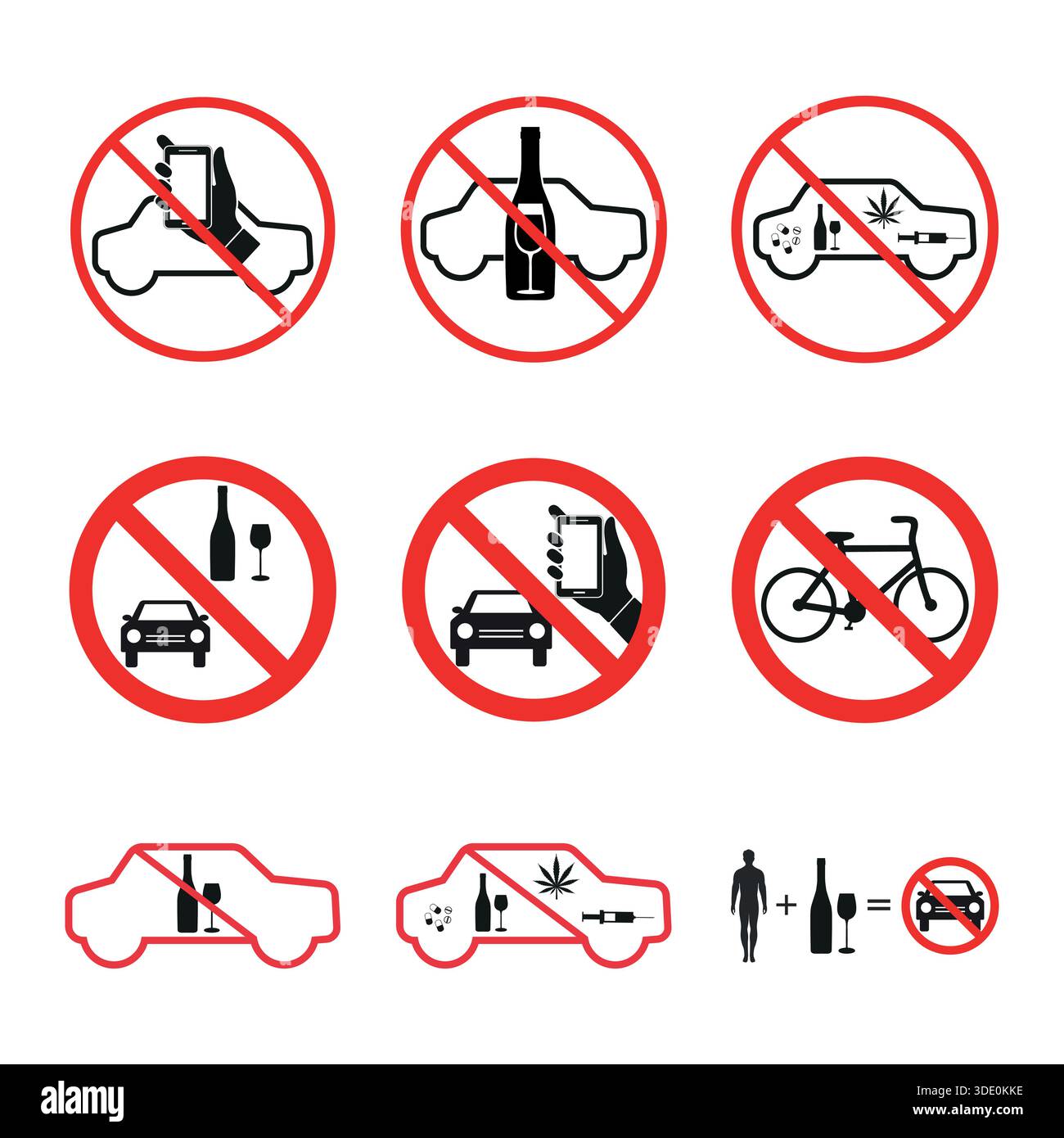 illustration set of signs prohibited alcohol, drugs driving a car on a ...