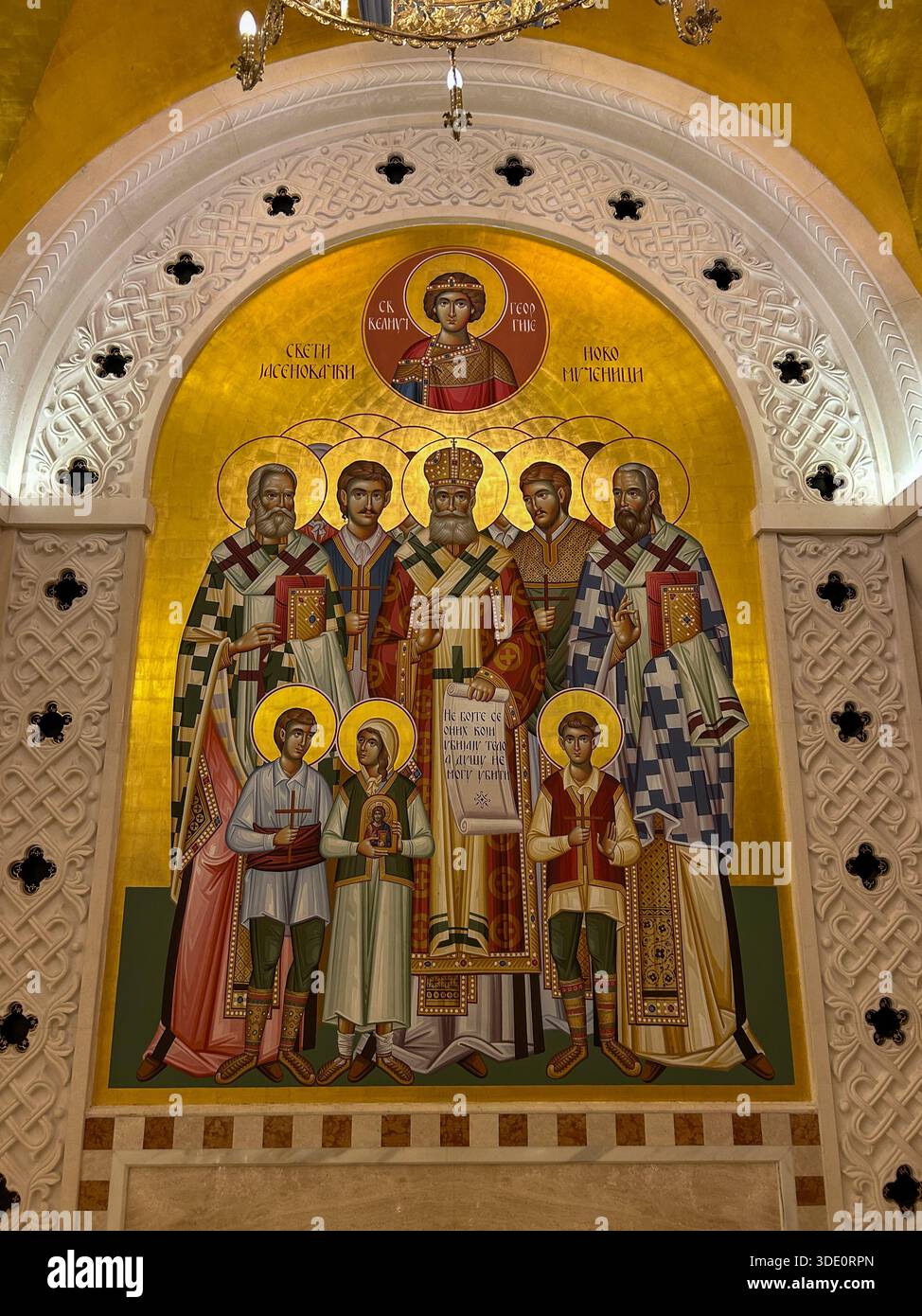 Orthodox Christian icon depicting the Holy New Martyrs of Jasenovac inside the Saint Sava Temple in Belgrade, Serbia. - Smartphone Captured Stock Image