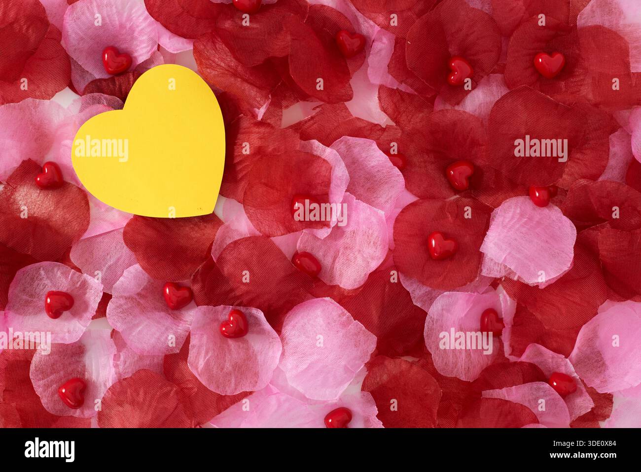 Heart shape sticky notes laying on rose petals Stock Photo