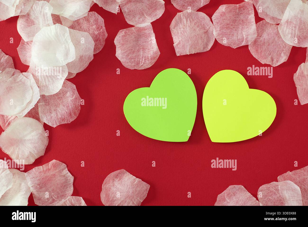 Heart shape sticky notes laying on rose petals Stock Photo
