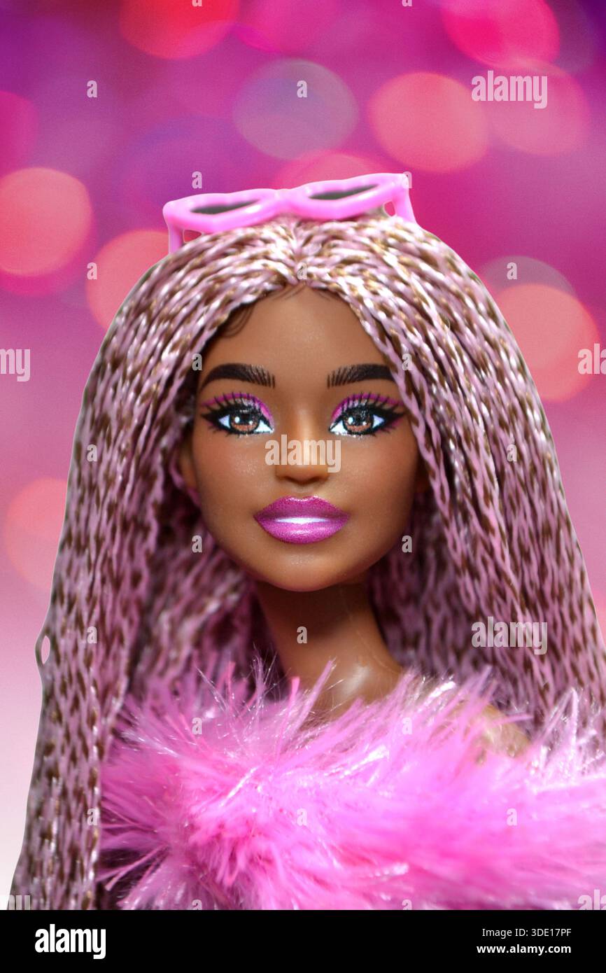 Beautiful black Barbie doll dressed in pink with pink braids Stock Photo