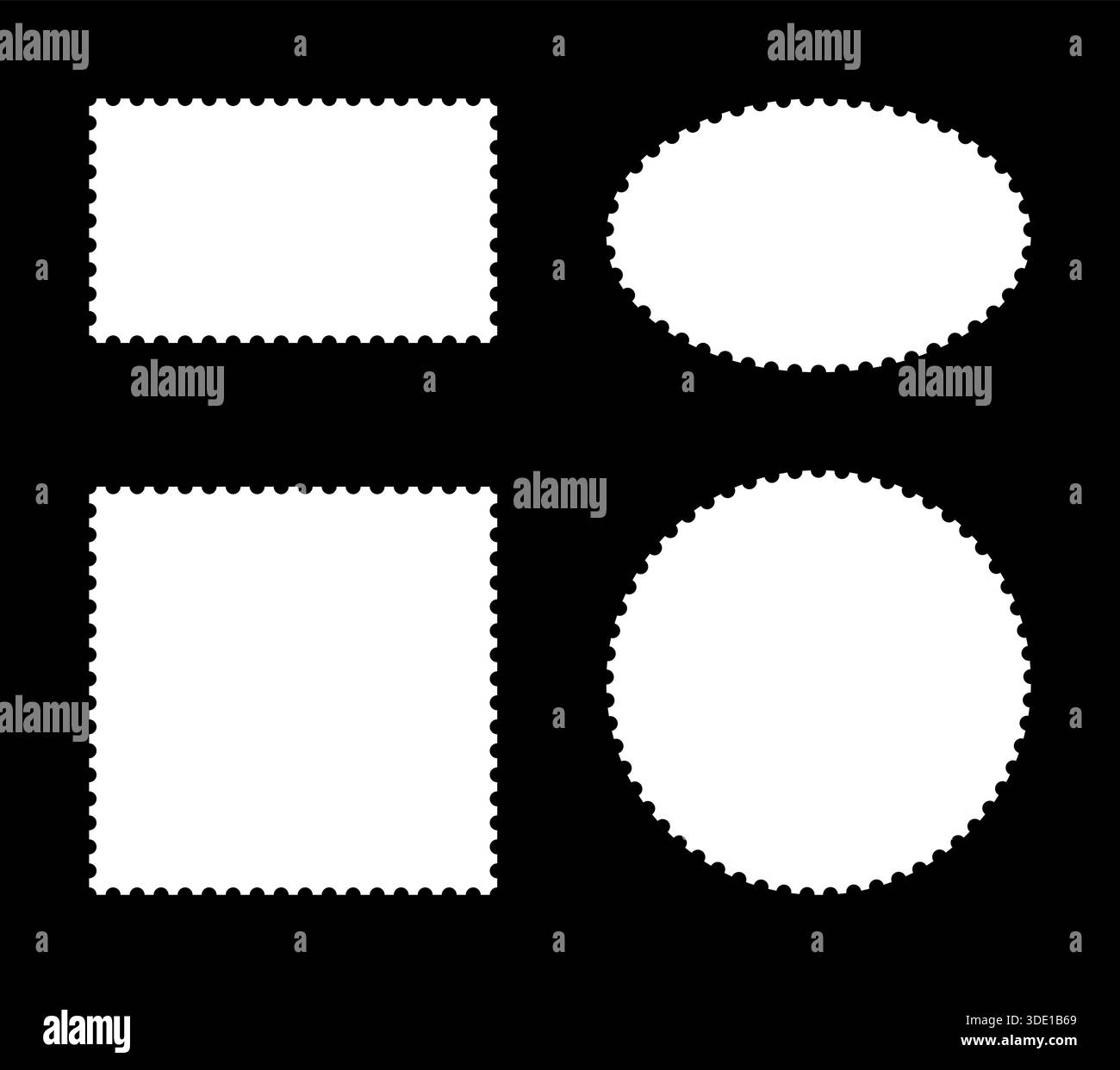 Postage stamp frames template. Backdrops for postcards, letters, empty borders. Circle and oval and rectangular blank vintage stamps. Coupons, boxes Stock Vector