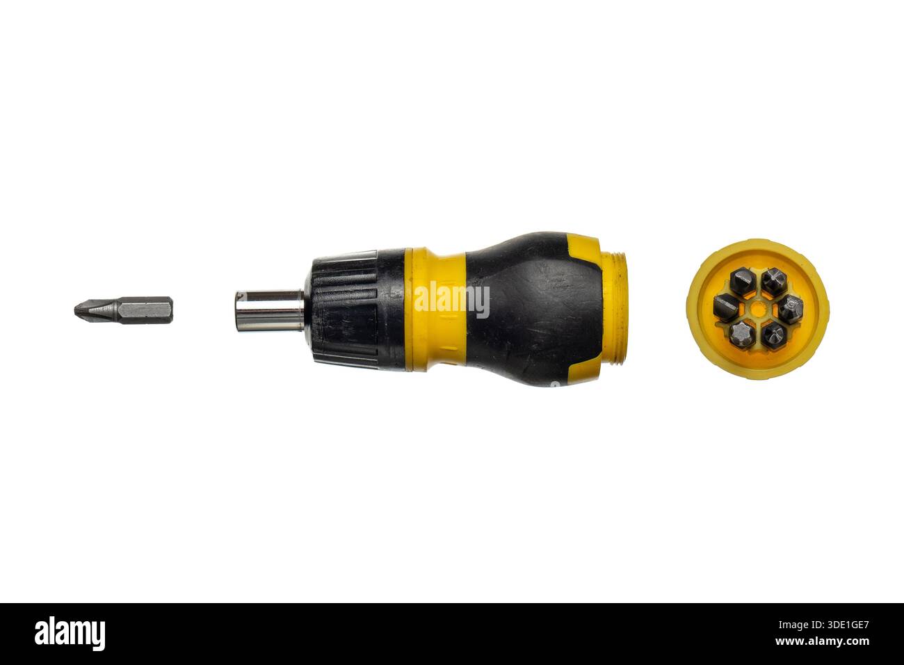 Stubby ratchet screwdriver with internal bit storage and interchangeable bits, isolated on white. Stock Photo