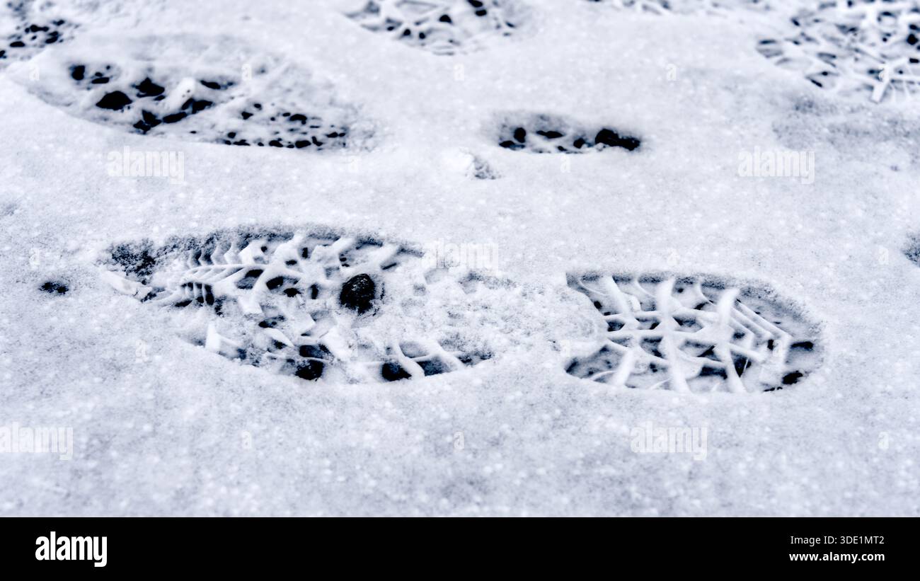 Close-up of boot prints in snow, highlighting the textured surface and winter details. Stock Photo
