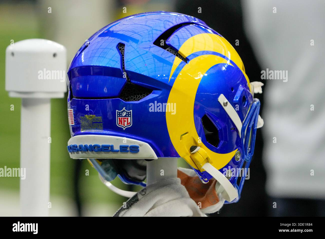 Detailed view of a Los Angeles Rams helmet before an NFL game