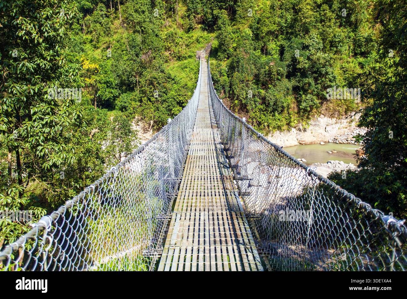 Trecking Bridge rope hanging suspension bridge on the way to mount Everest base camp ...