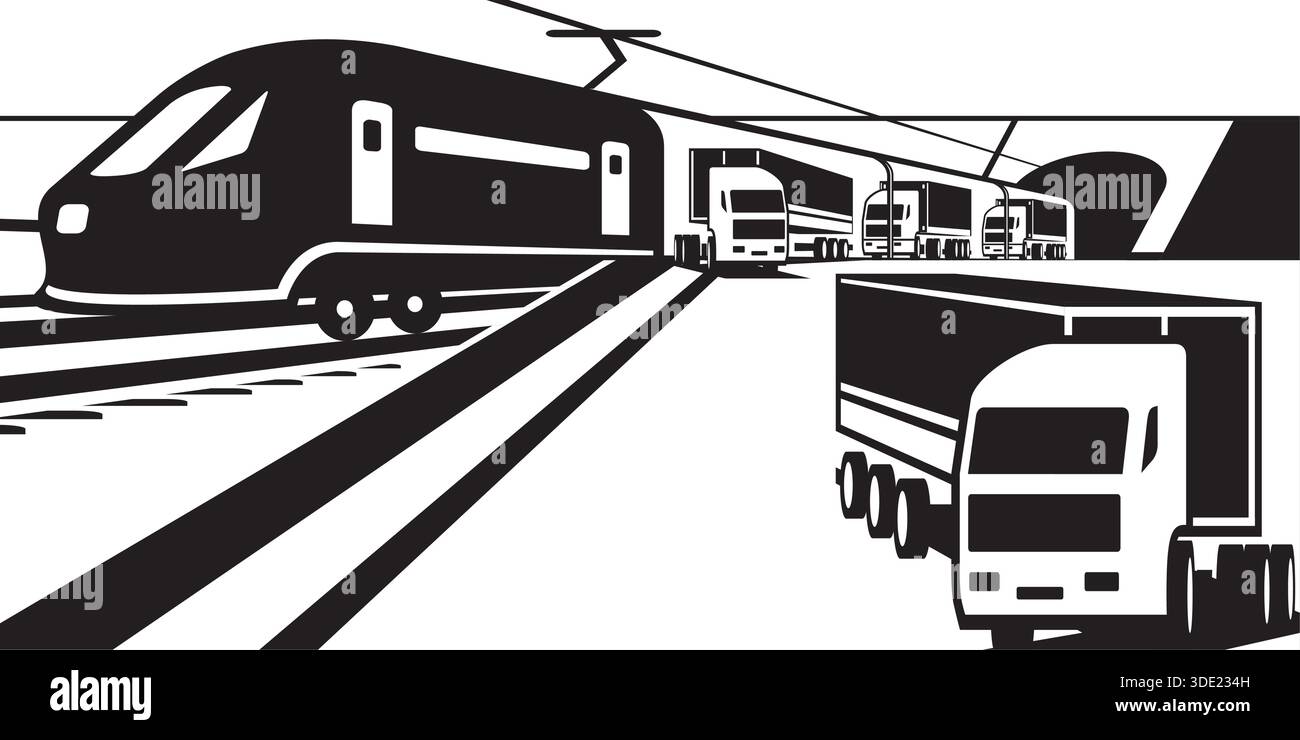 Trucks exit a freight train to platform - vector illustration Stock Vector