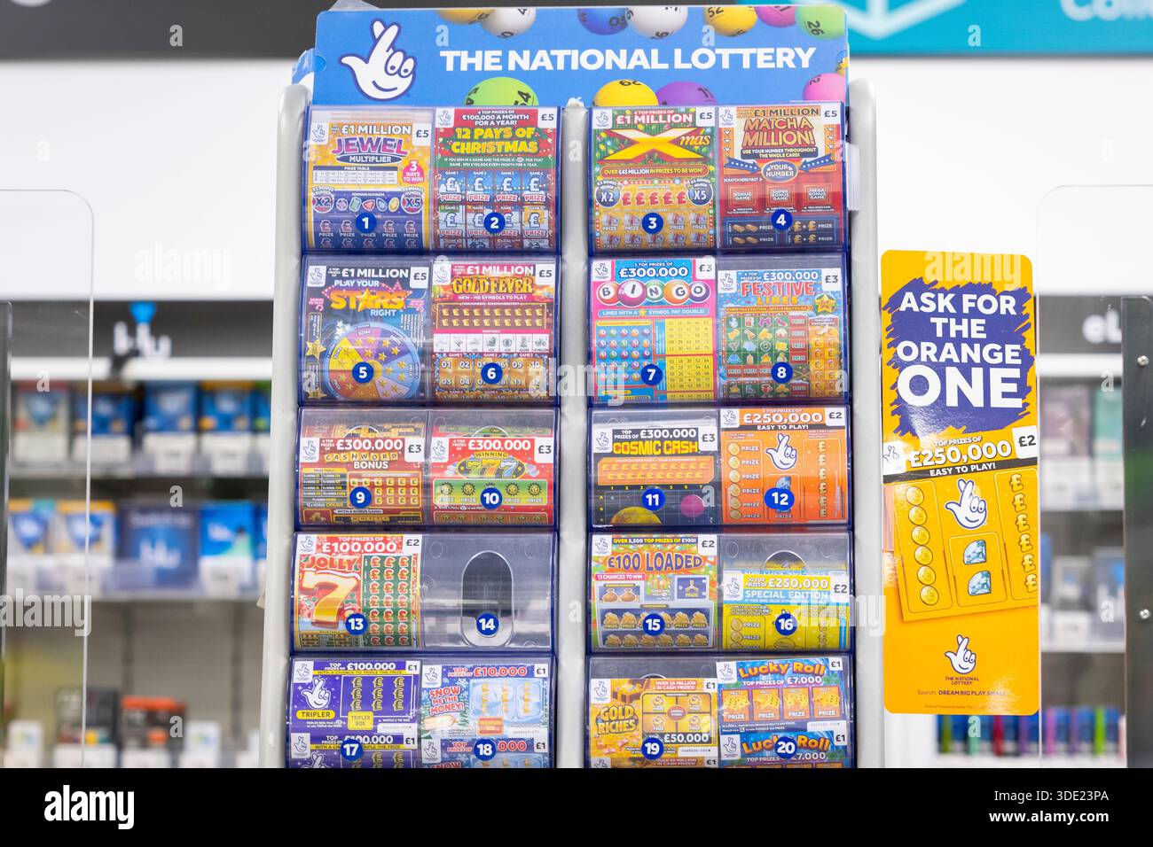 A display case filled with various National Lottery scratch cards. Stock Photo